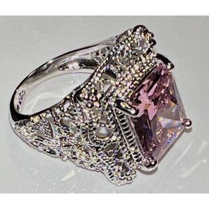Sterling Statement Ring – Huge Pink Glass Center – Ornate Sparkle - Size 6
